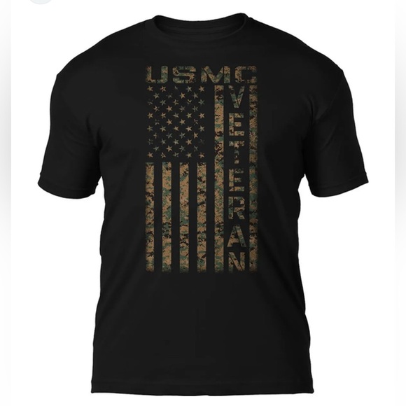 Port and Company Other - USMC Marines Veteran Camo American Flag Military Men's Black T-shirt - Size M